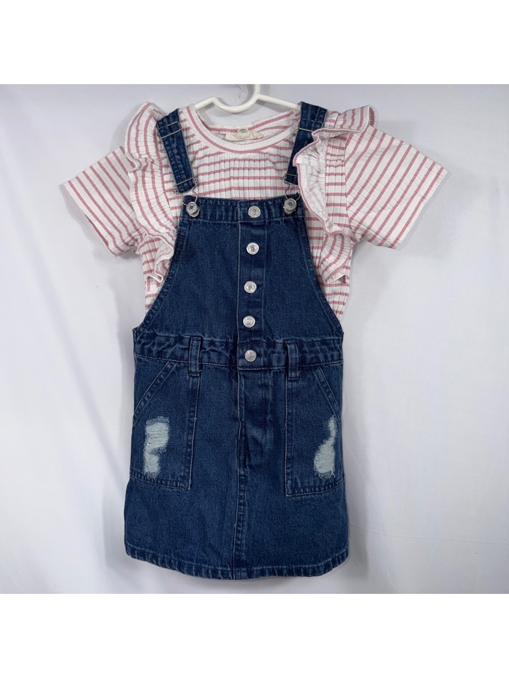 Jessica Simpson Girls Denim Overall Dress & Pink Stripe Ruffle Tee Set Size 5